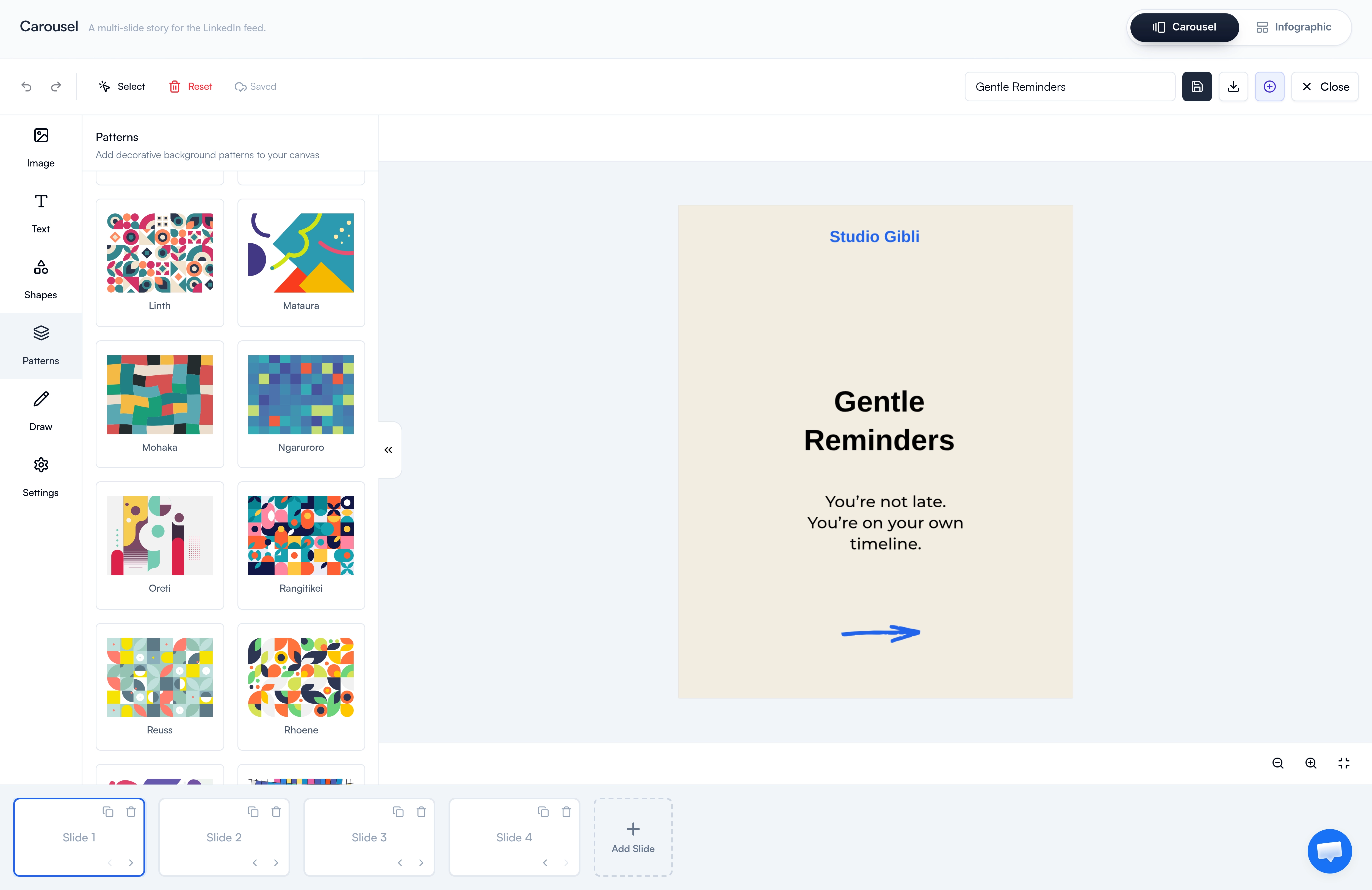 FeedBoss Canvas Editor showing patterns library, slide thumbnails, and carousel design view