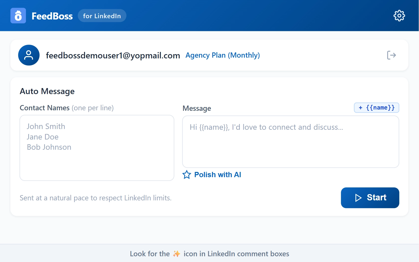 FeedBoss Chrome extension popup showing Auto Message feature with AI-powered comment generation
