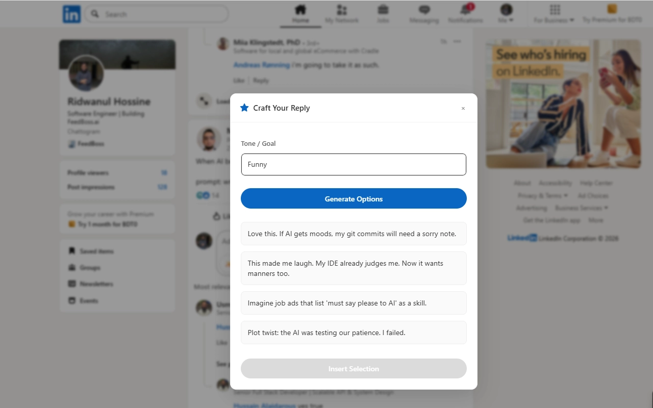 FeedBoss Chrome extension generating an AI comment directly inside LinkedIn feed