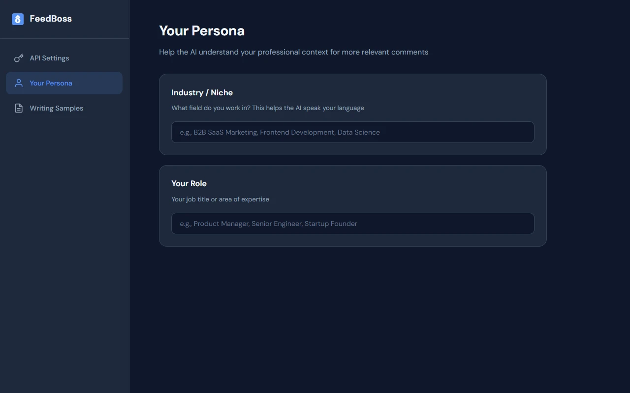 FeedBoss Chrome extension persona settings with industry and role configuration