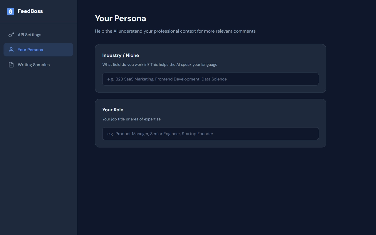 FeedBoss Chrome extension persona settings with industry and role configuration