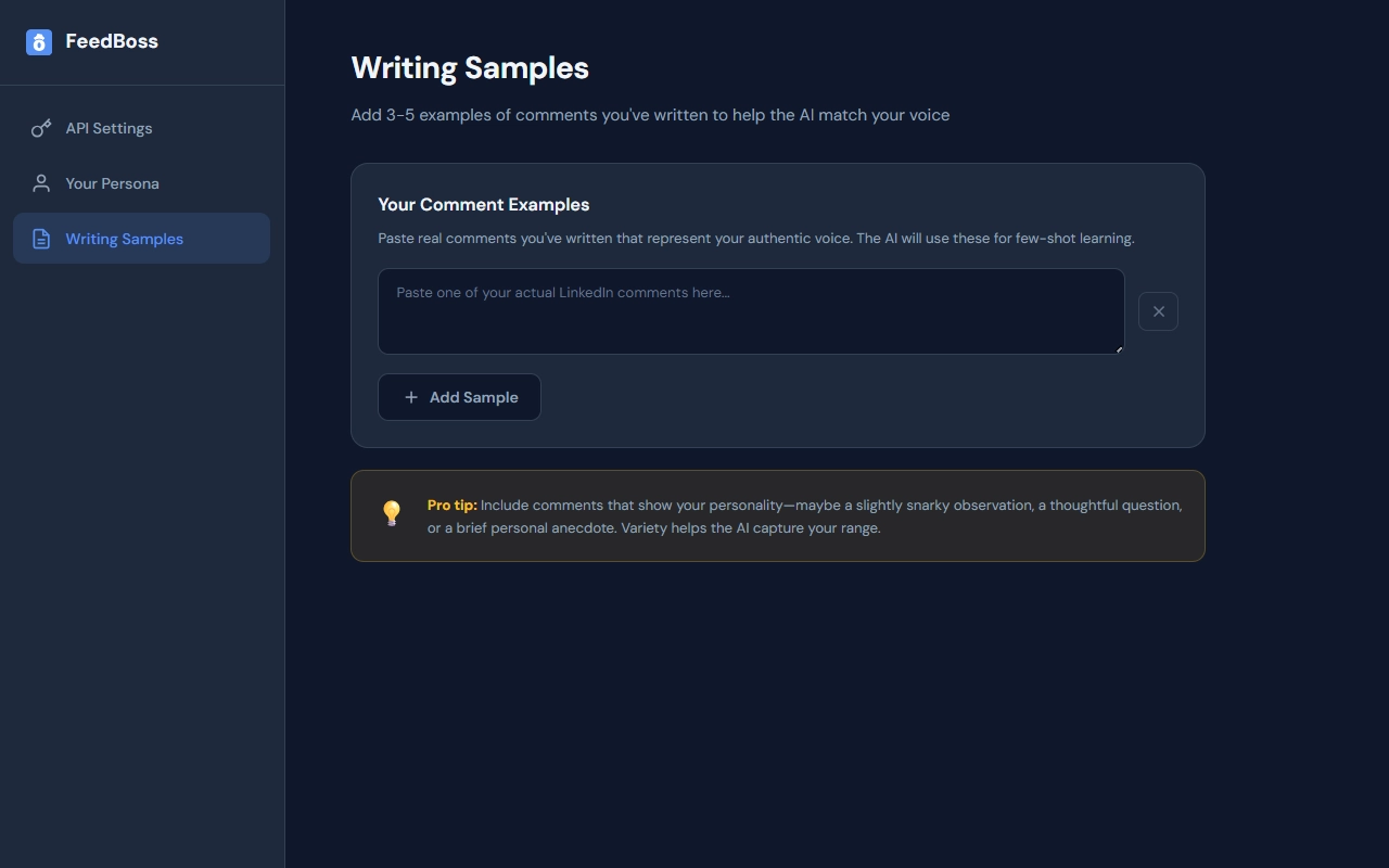 FeedBoss Chrome extension writing samples page for AI voice training