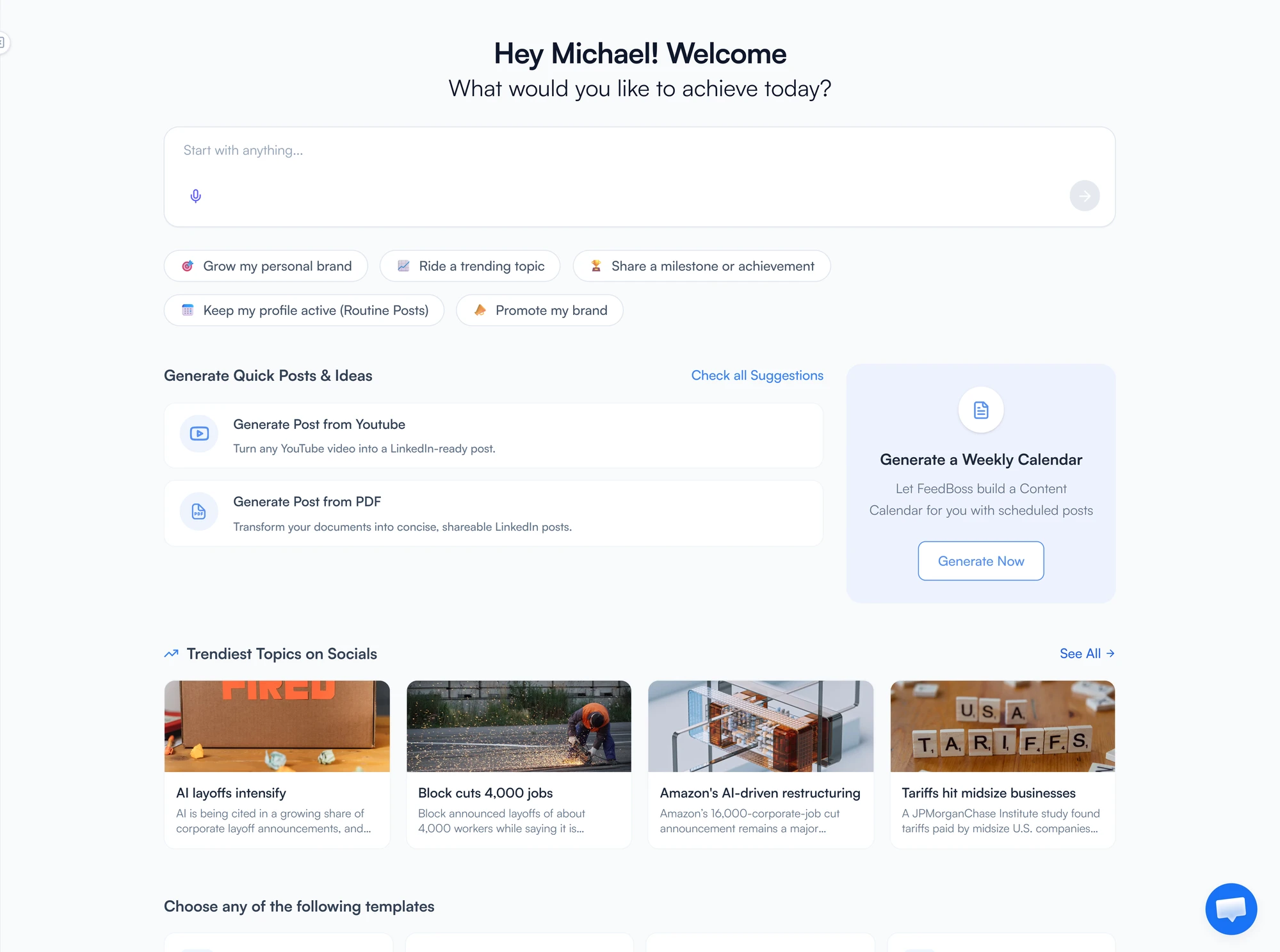 FeedBoss dashboard showing Trendiest Topics on Socials with topic cards and Quick Post actions