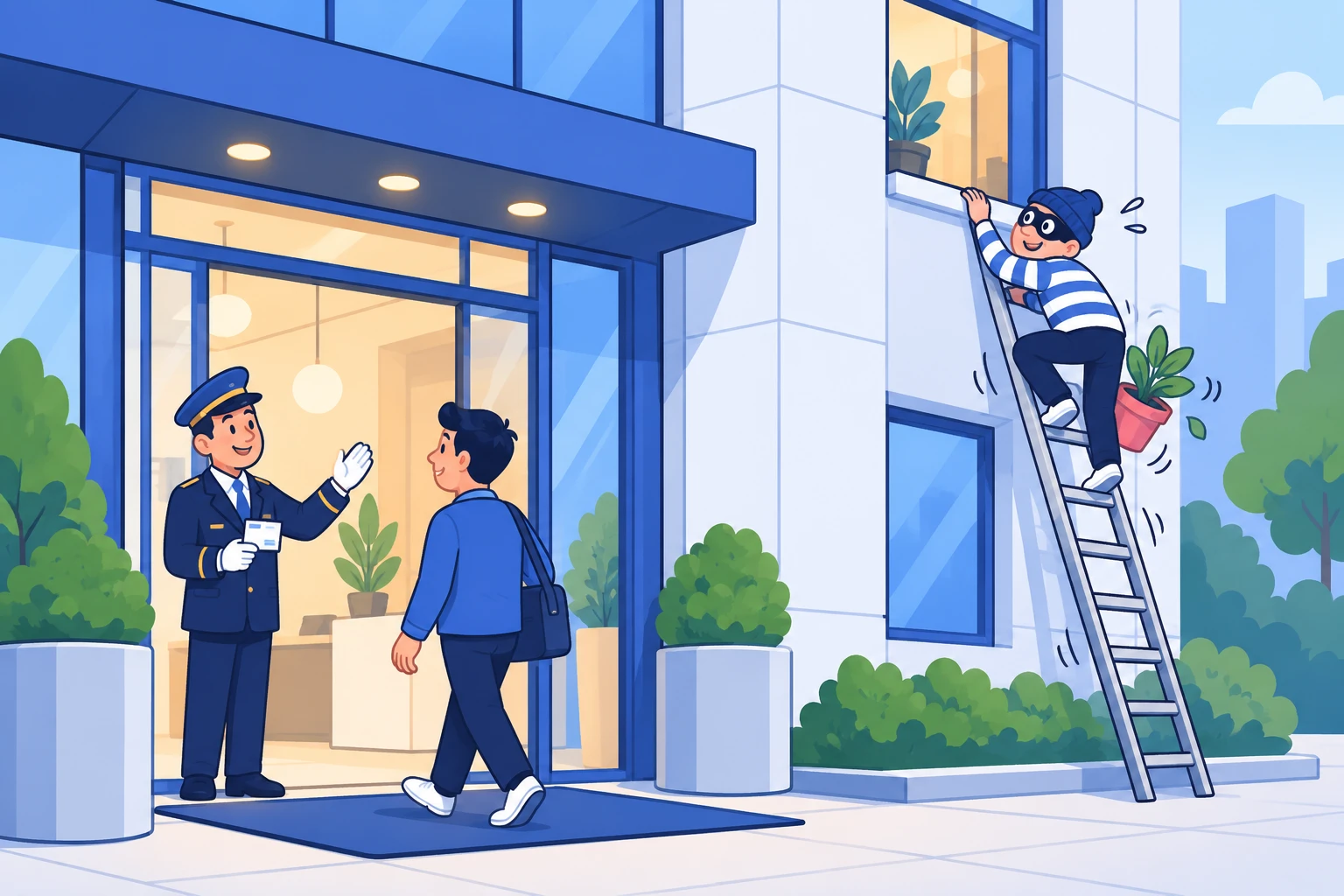 Illustration of two ways into a building: a doorman checking a pass at the front door, and someone climbing a wobbly ladder to a side window.