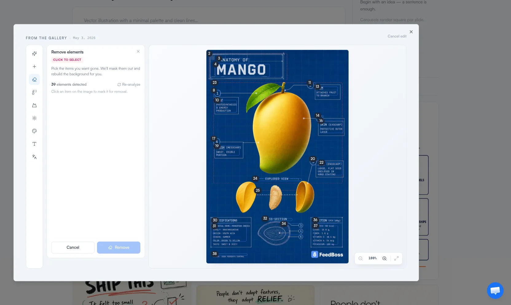 Image Studio editor showing one-click element removal on a generated infographic