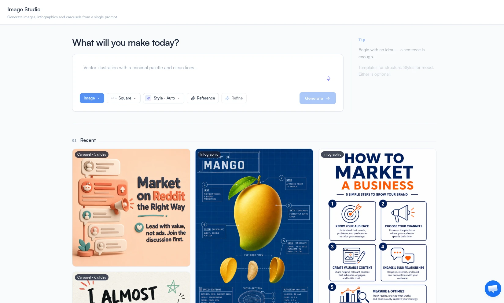 FeedBoss Image Studio with prompt input and gallery of generated images, infographics, and carousels