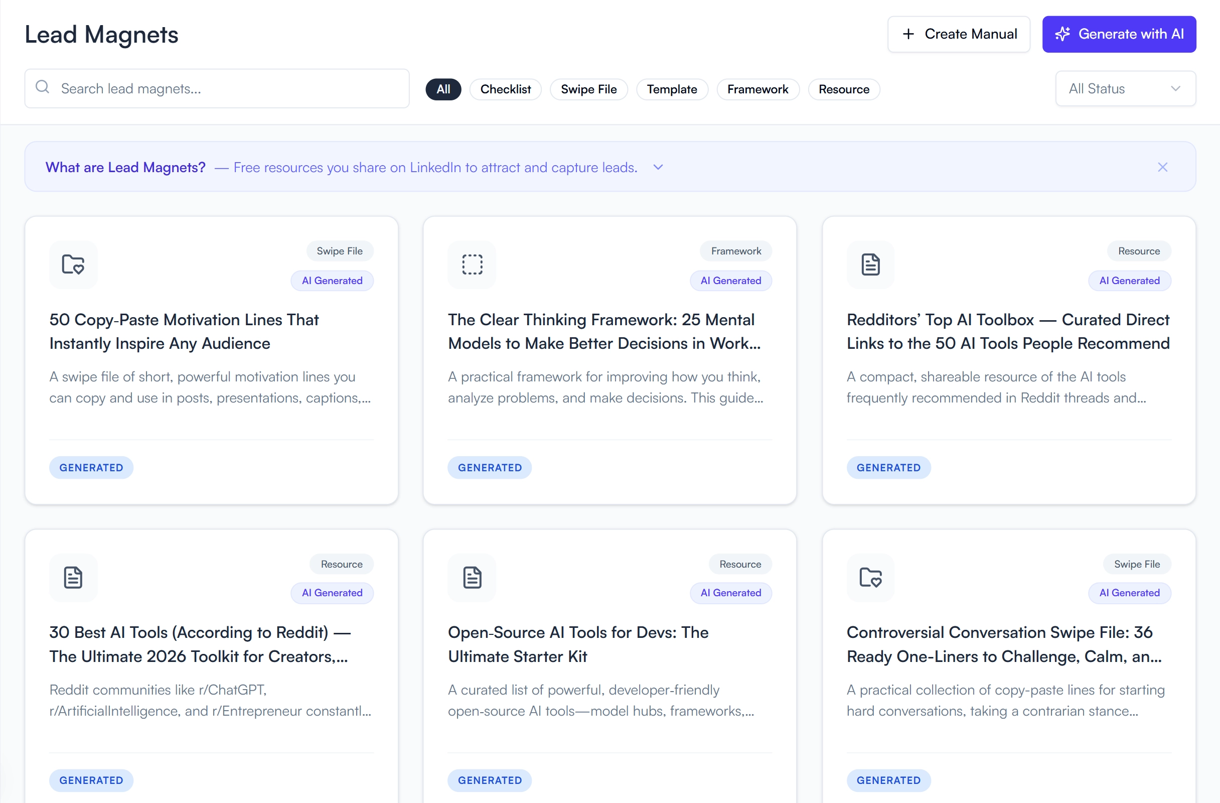 FeedBoss lead magnets builder showing checklist and template creation