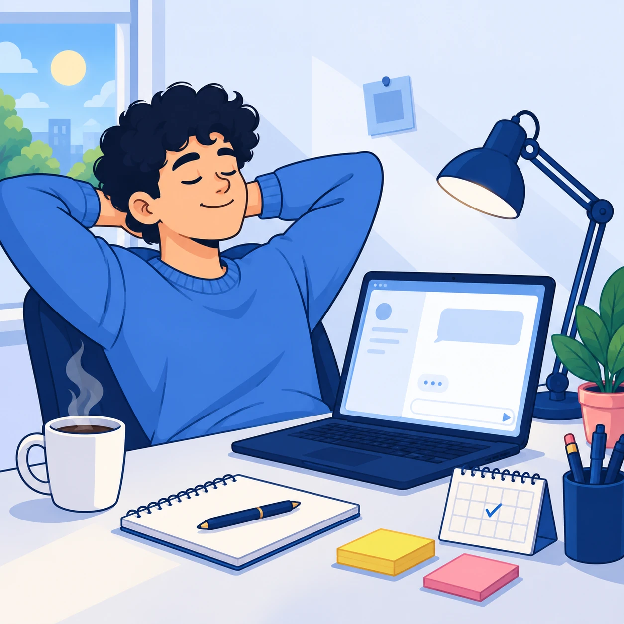 The same person relaxed with coffee, one chat window open and a day checked on the calendar.