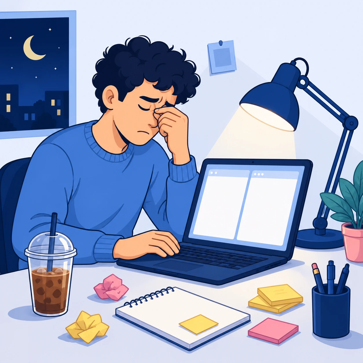 A tired person late at night juggling two windows on a laptop.