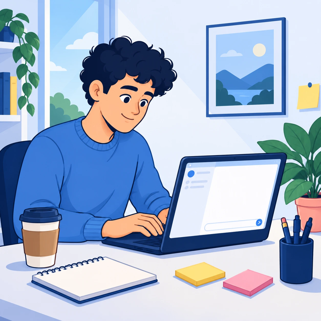The same person calm in front of a single chat window.