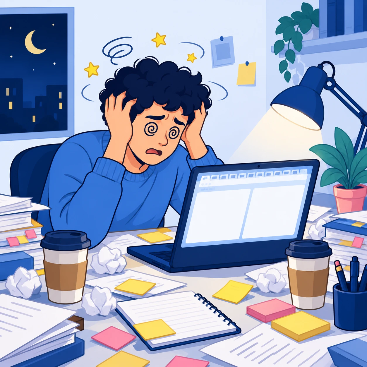 A dizzy person facing a browser with a crowded row of tabs.