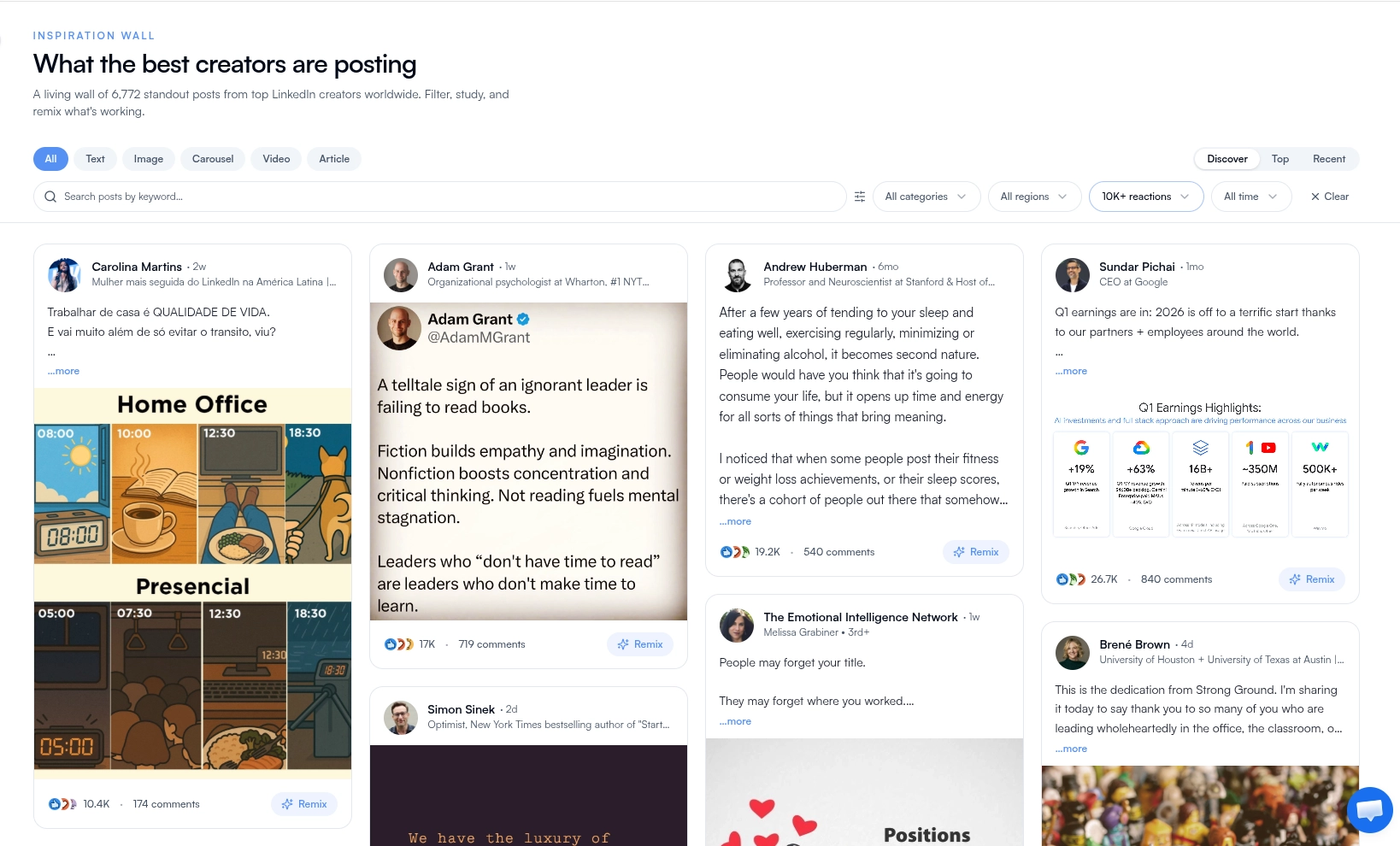 FeedBoss inspiration wall of trending LinkedIn posts from top creators, with format filters, keyword search, and Remix actions