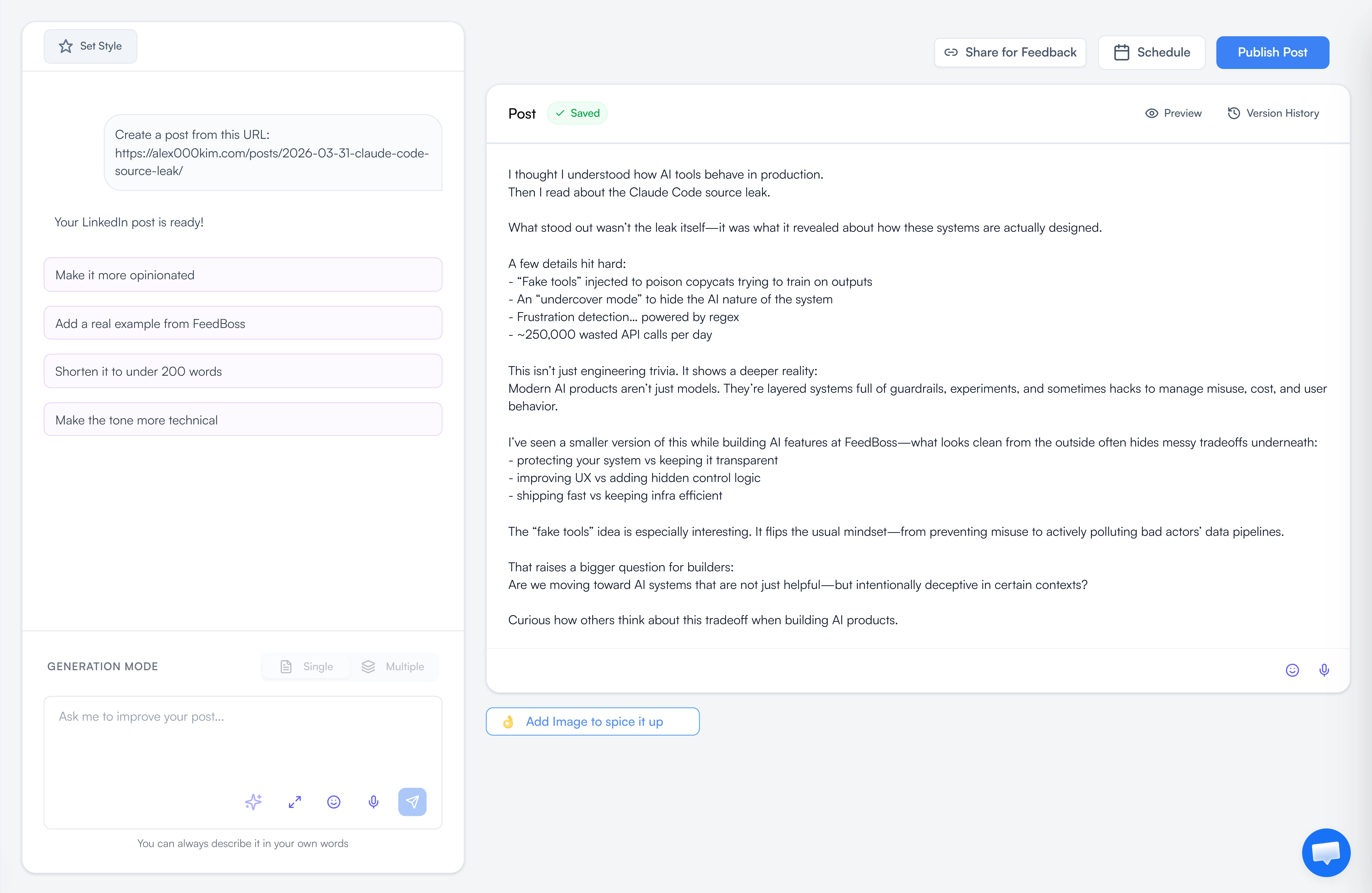 FeedBoss AI post generator interface showing single and batch post modes