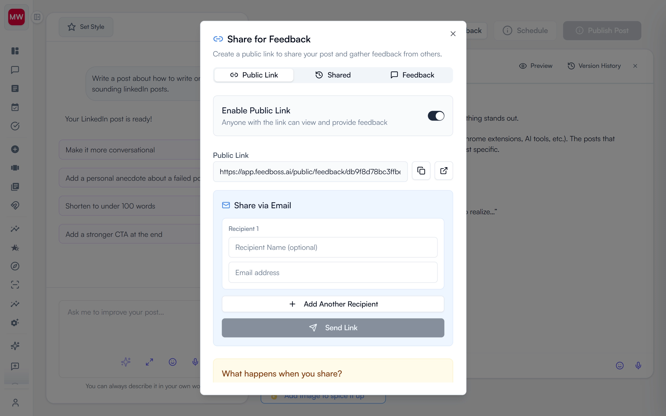 FeedBoss public feedback sharing dialog with public link, email sharing, and feedback options