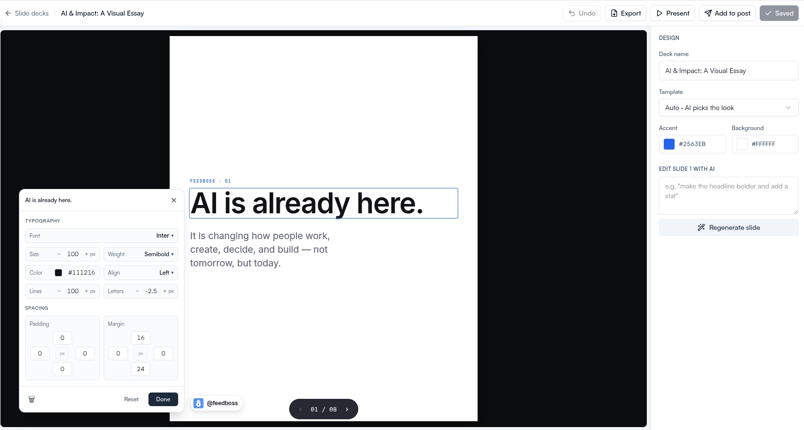 FeedBoss slide deck editor with the typography popover open, a slide on the canvas, and the design panel for template, accent color, and Edit slide with AI