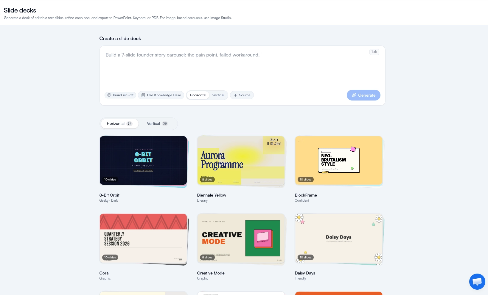 FeedBoss AI slide deck generator with a prompt box and a grid of designer template cards