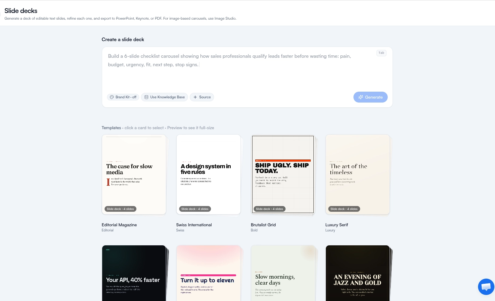 FeedBoss AI slide deck generator with a prompt box and a grid of designer template cards