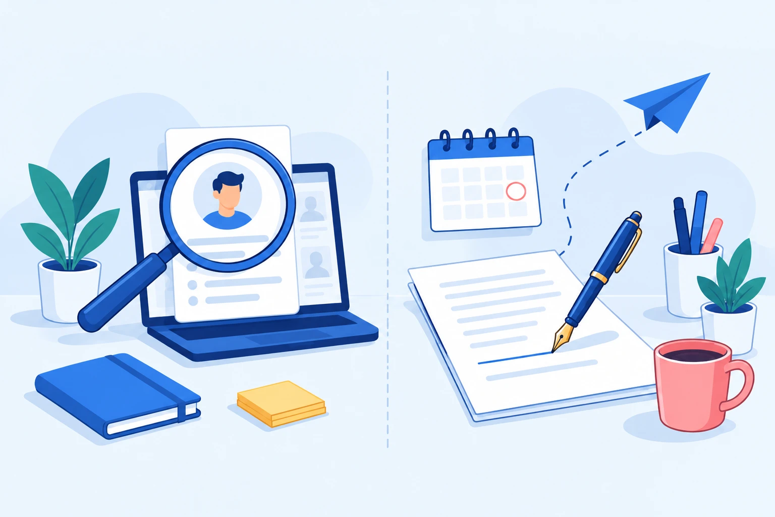 Illustration of two different jobs: a magnifying glass over a profile card for looking people up, and a pen, calendar, and paper plane for writing and scheduling a post.