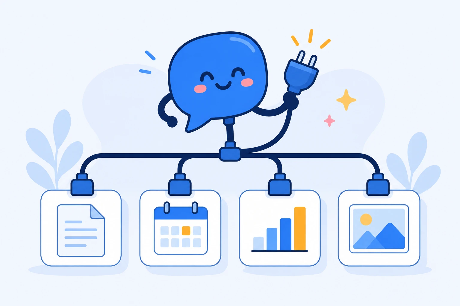 Illustration of an assistant connected through one universal plug to several tools: a document, a calendar, a chart, and an image.
