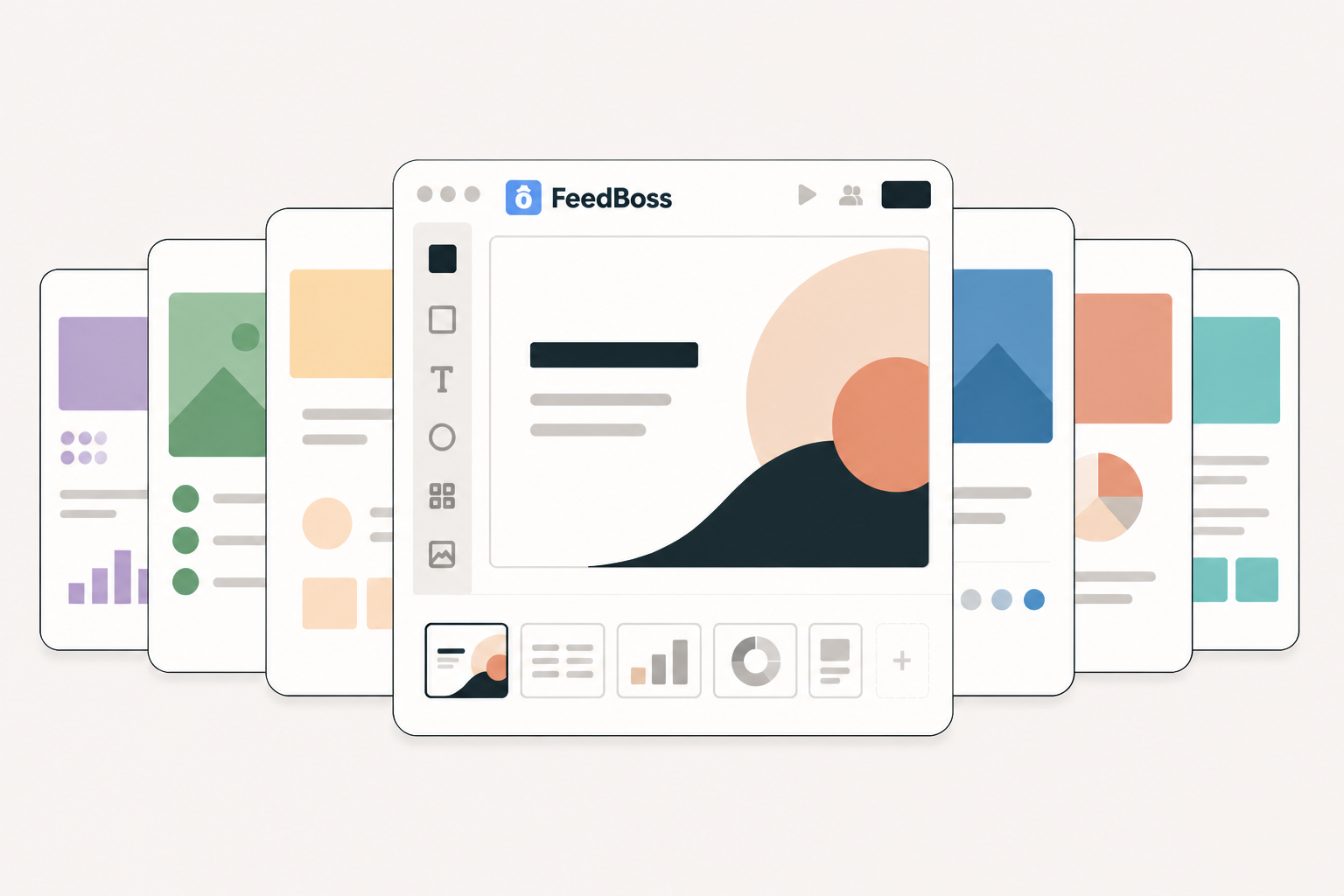 FeedBoss slide deck editor with designer template cards fanned out behind it