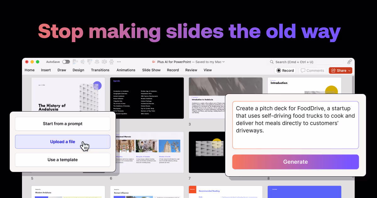 Plus AI presentation assistant inside Google Slides and PowerPoint