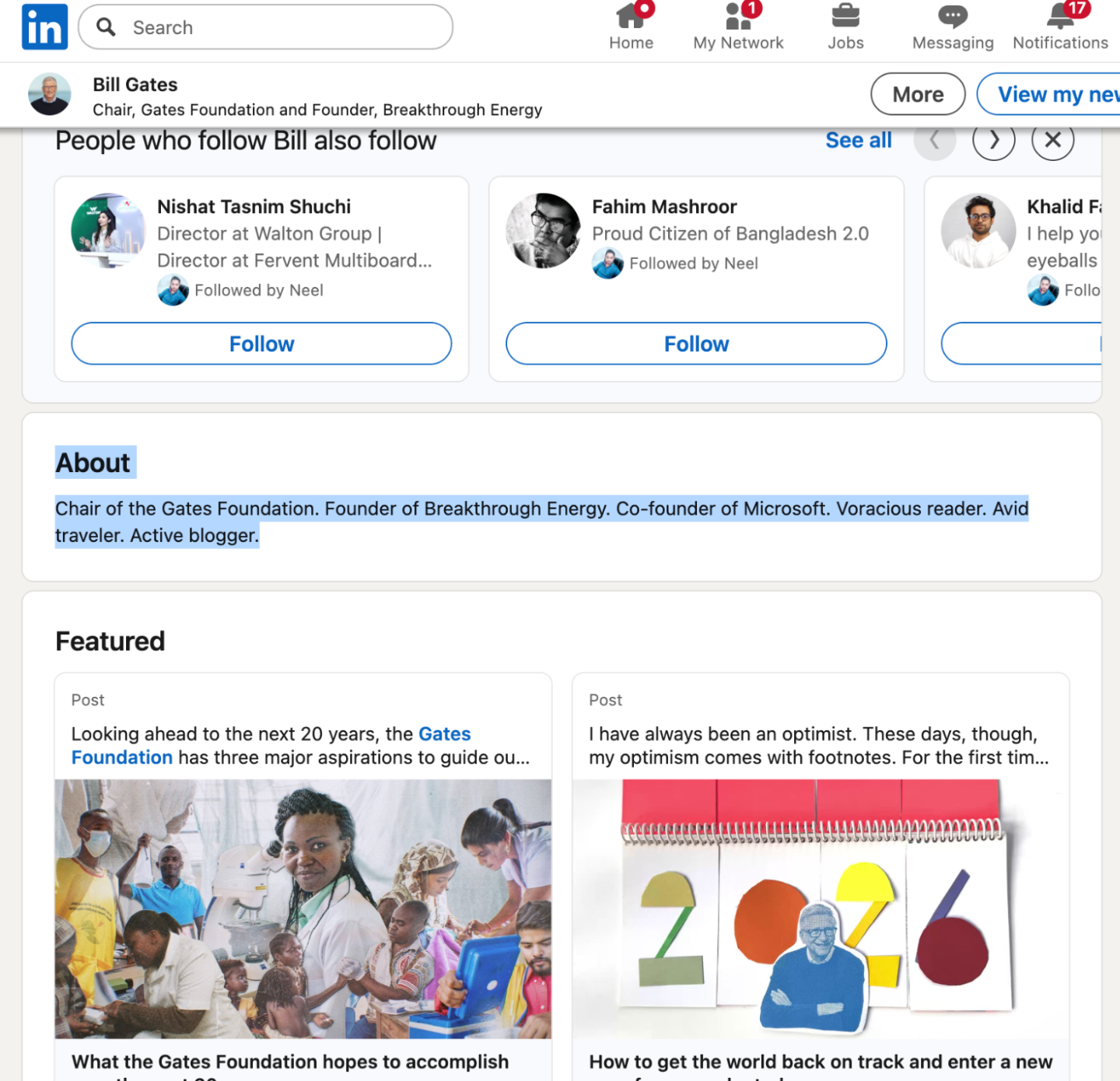 Bill Gates's LinkedIn About section