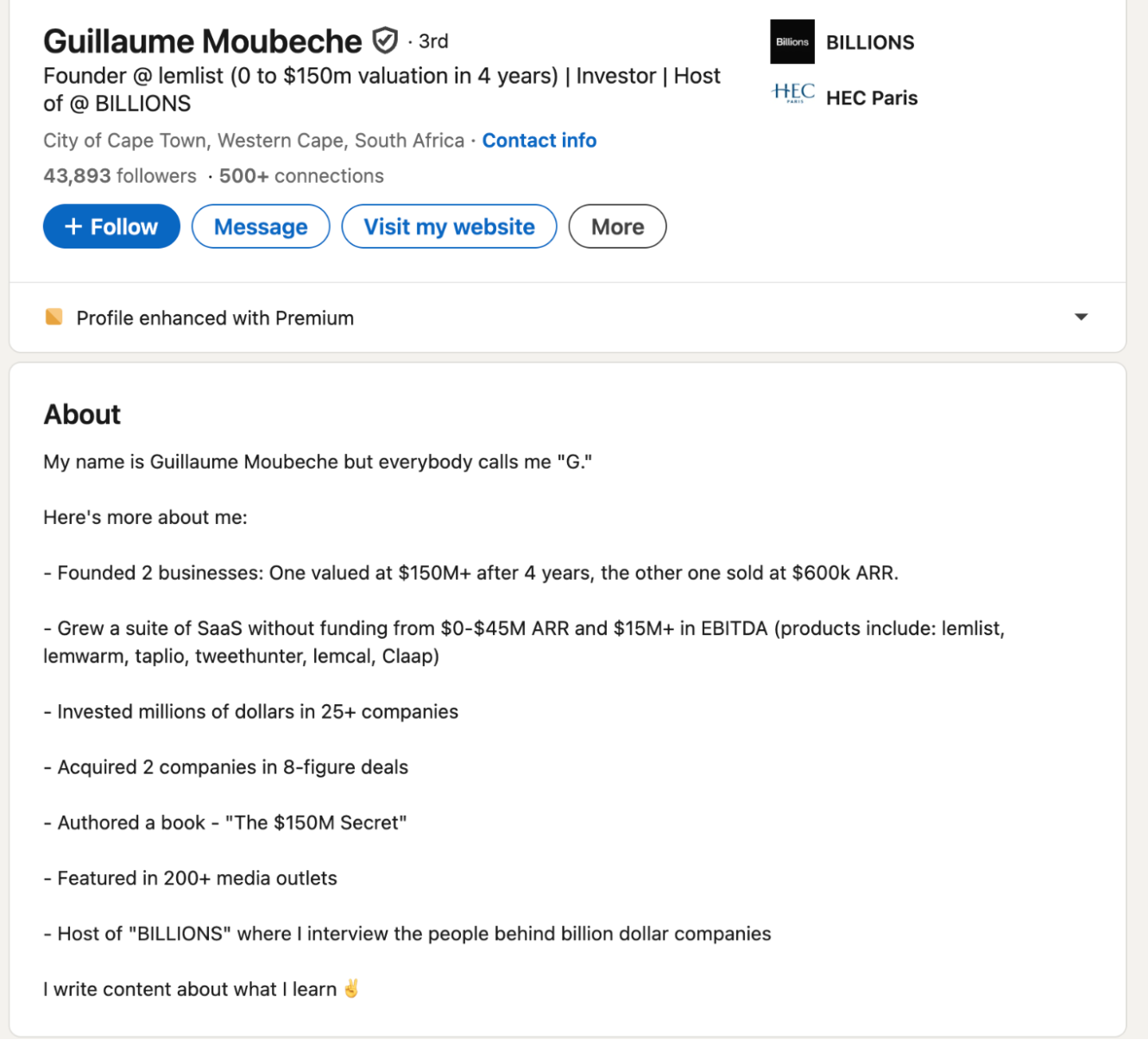 Guillaume Moubeche's LinkedIn About section