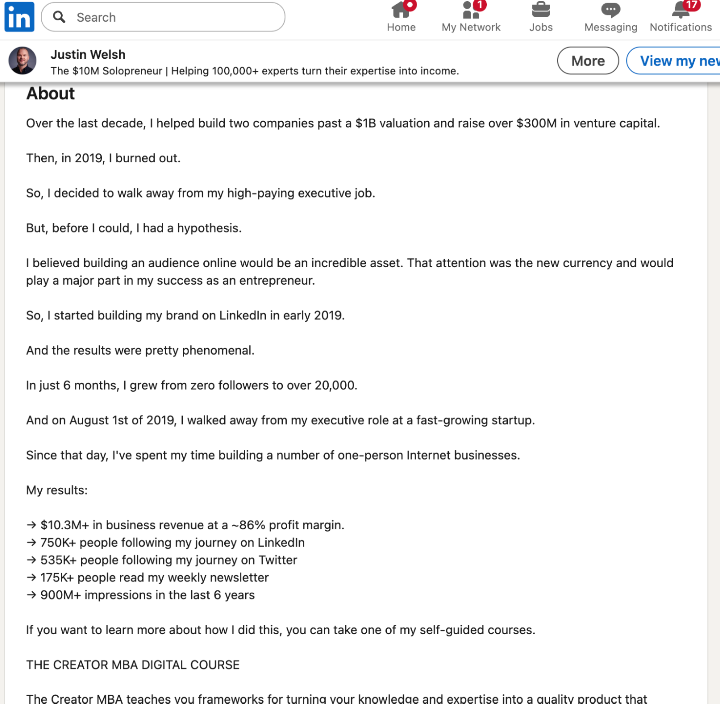 Justin Welsh's LinkedIn About section