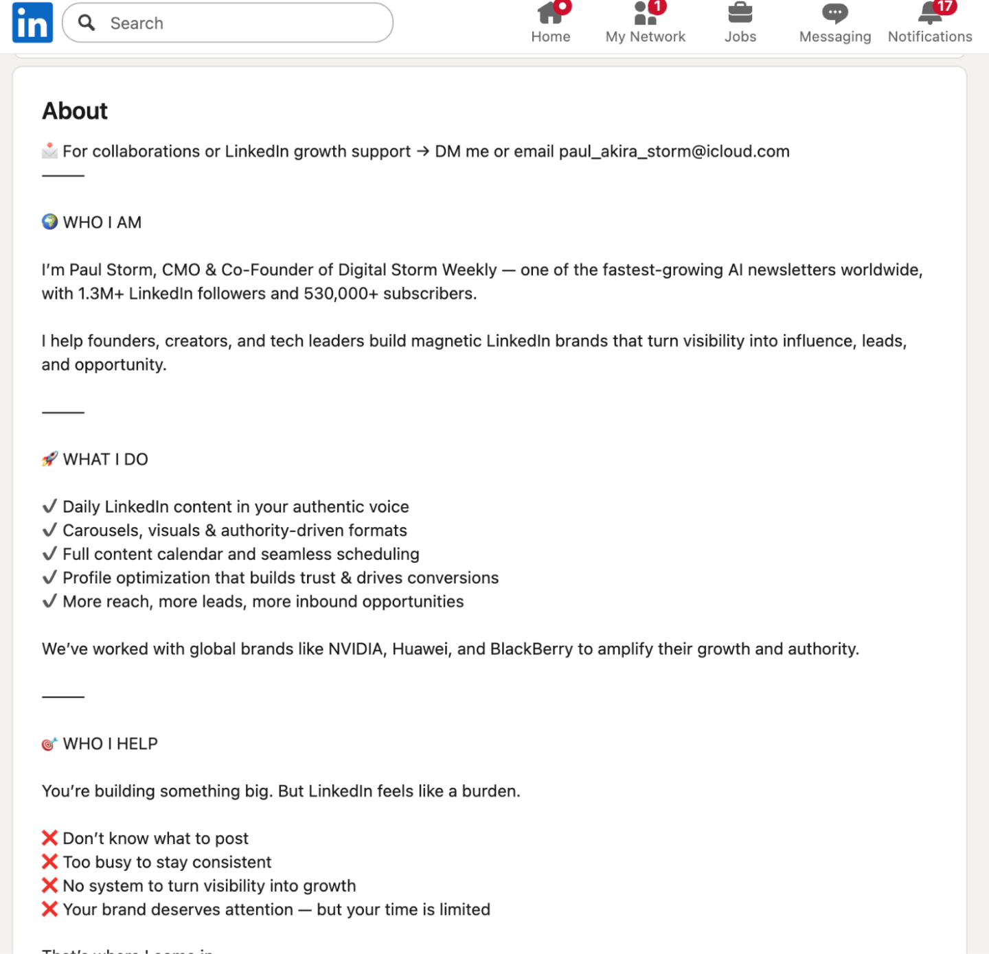 Paul Storm's LinkedIn About section