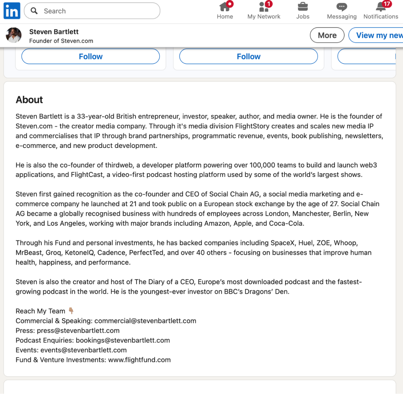 Steven Bartlett's LinkedIn About section