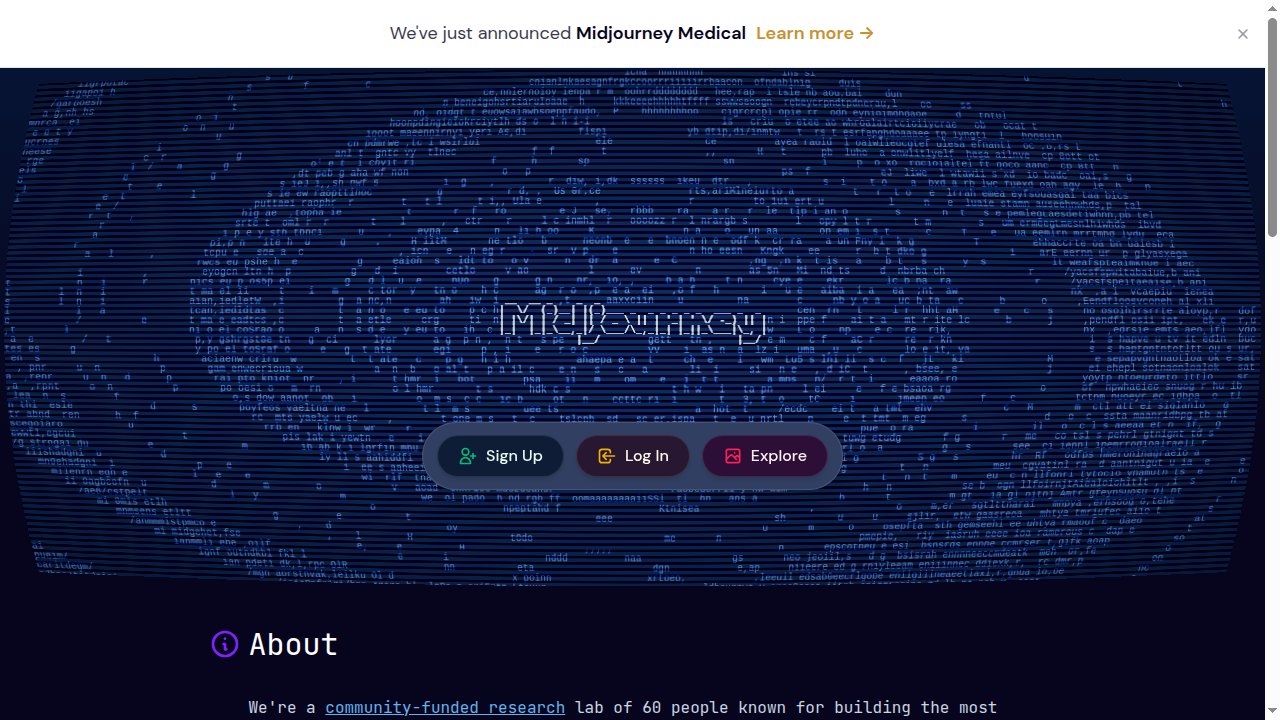 Midjourney AI image generator homepage showing cinematic, artistic image quality