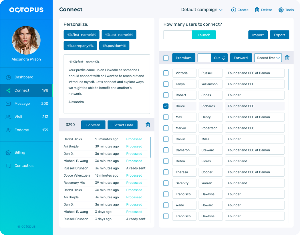 Octopus CRM LinkedIn automation dashboard