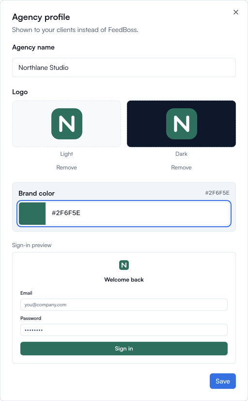 The Agency profile window, filled in with the name Northlane Studio, a green N logo for light and dark mode, the color #2F6F5E, a sign-in preview in that green, and the Save button.