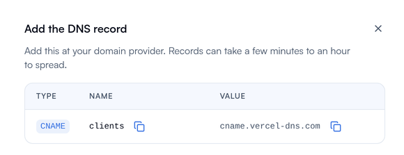 The Add the DNS record step: one CNAME record with its Name and Value, each with a copy button.