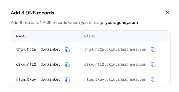 The Add 3 DNS records step, with three rows of Name and Value, each with copy buttons.