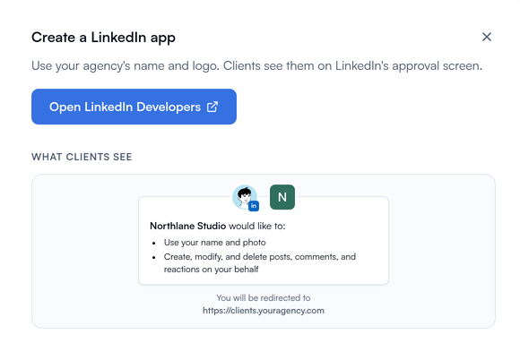 Part 1, Create a LinkedIn app, with an Open LinkedIn Developers button and a preview of LinkedIn's screen saying Northlane Studio would like to use your name and photo.